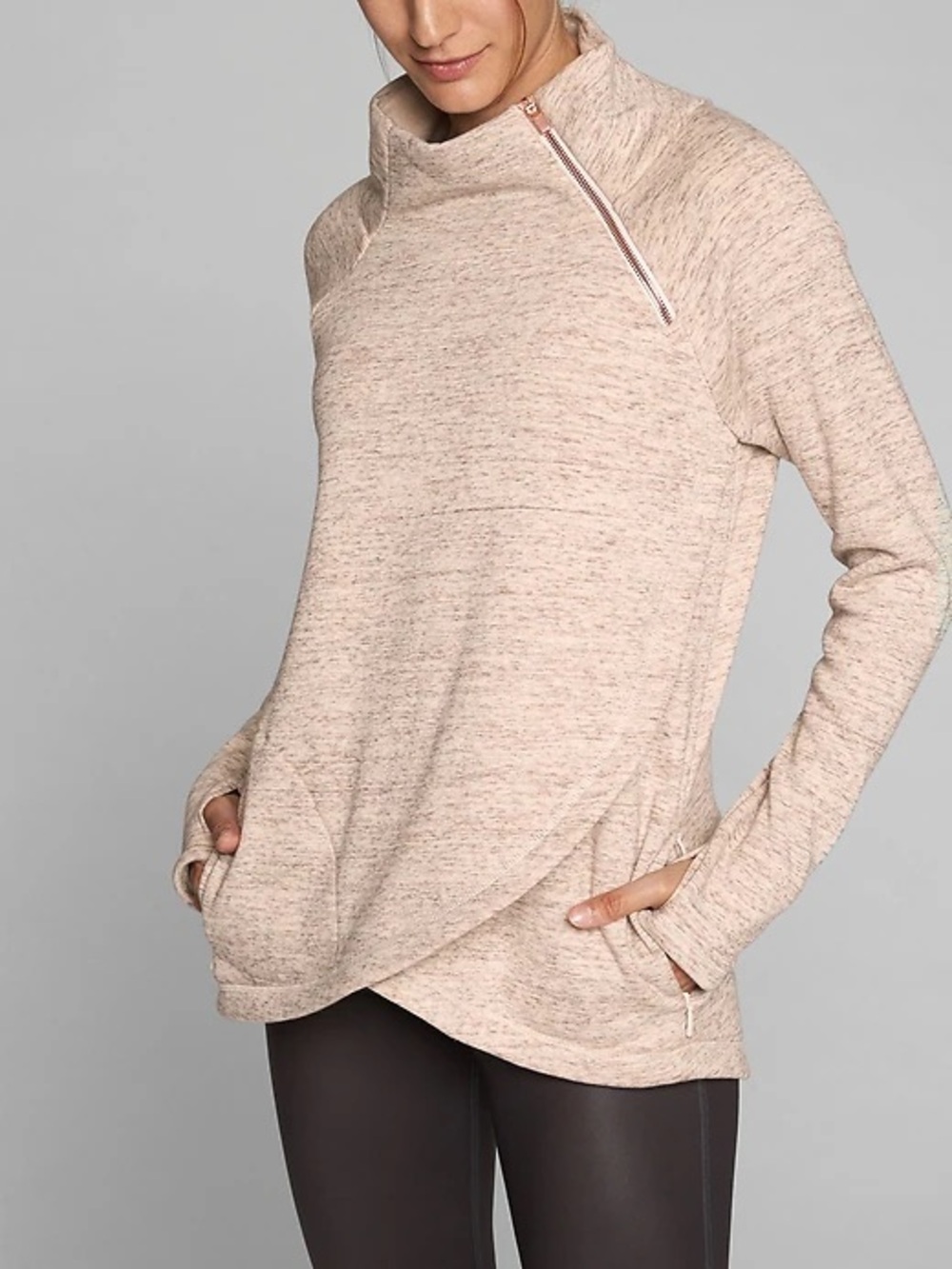 Athleta Cozy Karma Asym Pullover Heather Beige Rose Gold Zipper Small